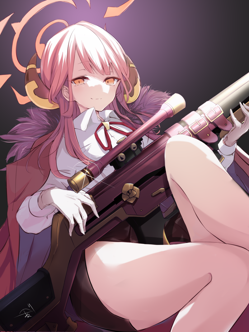 1girl amagasa_nadame aru_(blue_archive) blue_archive brown_jacket brown_skirt closed_mouth collared_shirt commentary_request dress_shirt feet_out_of_frame fur-trimmed_jacket fur_trim gloves gun halo holding holding_gun holding_weapon jacket jacket_on_shoulders knee_up long_hair long_sleeves looking_at_viewer neck_ribbon orange_eyes pink_hair red_ribbon ribbon rifle shirt skirt smile sniper_rifle sniper_scope solo very_long_hair weapon weapon_request white_gloves white_shirt