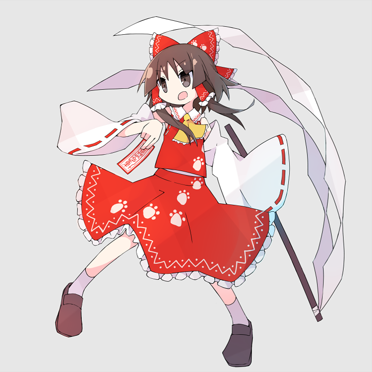 1girl asameshi bangs bow brown_eyes brown_footwear brown_hair commentary cravat detached_sleeves full_body gohei grey_background hair_bow hair_tubes hakurei_reimu holding long_hair long_sleeves ofuda open_mouth paw_print_pattern print_bow red_bow red_shirt red_skirt shirt shoes simple_background skirt socks solo touhou white_legwear wide_sleeves wily_beast_and_weakest_creature yellow_neckwear