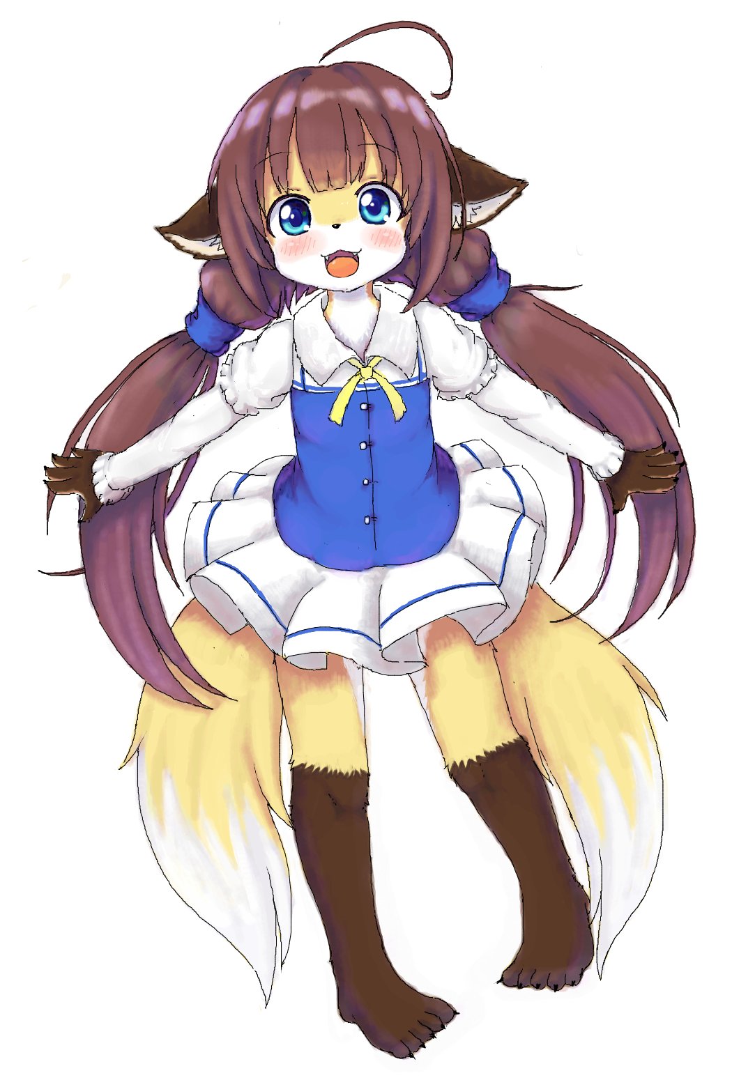 :d ahoge animal_ear_fluff animal_ears bangs barefoot blue_dress blue_eyes brown_hair child dress fangs fur furrification furry hair_ornament hair_scrunchie happy highres hinatsuru_ai long_hair long_sleeves looking_at_viewer mcsadat multiple_tails open_mouth puffy_short_sleeves puffy_sleeves ribbon ryuuou_no_oshigoto! scrunchie short_over_long_sleeves short_sleeves skirt smile tail twintails two_tails white_fur yellow_fur