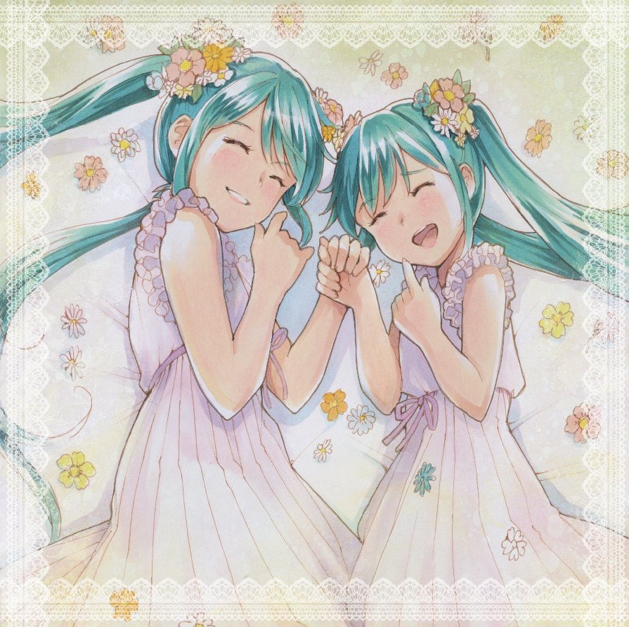 2girls aqua_hair clone closed_eyes commentary dress floral_background flower frilled_dress frills furrowed_eyebrows grin hair_flower hair_ornament hatsune_miku holding_hands lace_background lips long_hair lying mayo_riyo multiple_girls on_side open_mouth pink_dress short_sleeves side-by-side smile twintails very_long_hair vocaloid