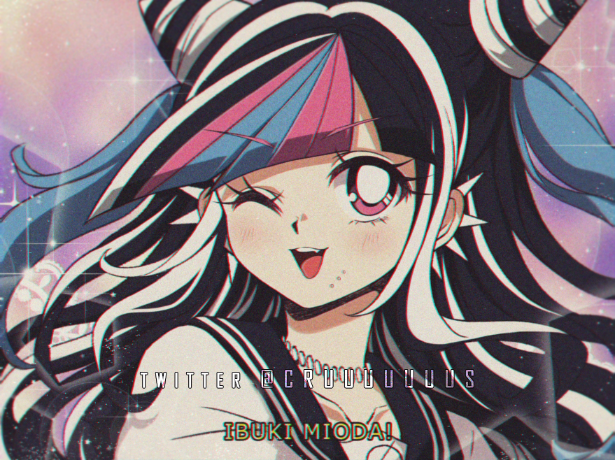 1990s_(style) 1girl bangs black_hair blue_hair blush character_name collarbone commentary criis-chan dangan_ronpa_(series) dangan_ronpa_2:_goodbye_despair ear_piercing eyebrows_visible_through_hair fang hair_horns long_hair looking_at_viewer mioda_ibuki multicolored_hair one_eye_closed open_mouth piercing pink_eyes pink_hair retro_artstyle school_uniform smile solo twitter_username two-tone_hair upper_teeth white_hair