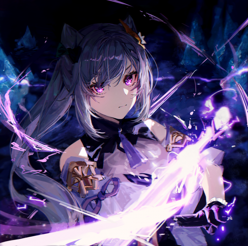 1girl bangs bare_shoulders breasts detached_sleeves electricity frilled_gloves frills genshin_impact geuyeon gloves hair_cones hair_ornament keqing_(genshin_impact) long_hair looking_at_viewer medium_breasts purple_hair solo tassel twintails violet_eyes