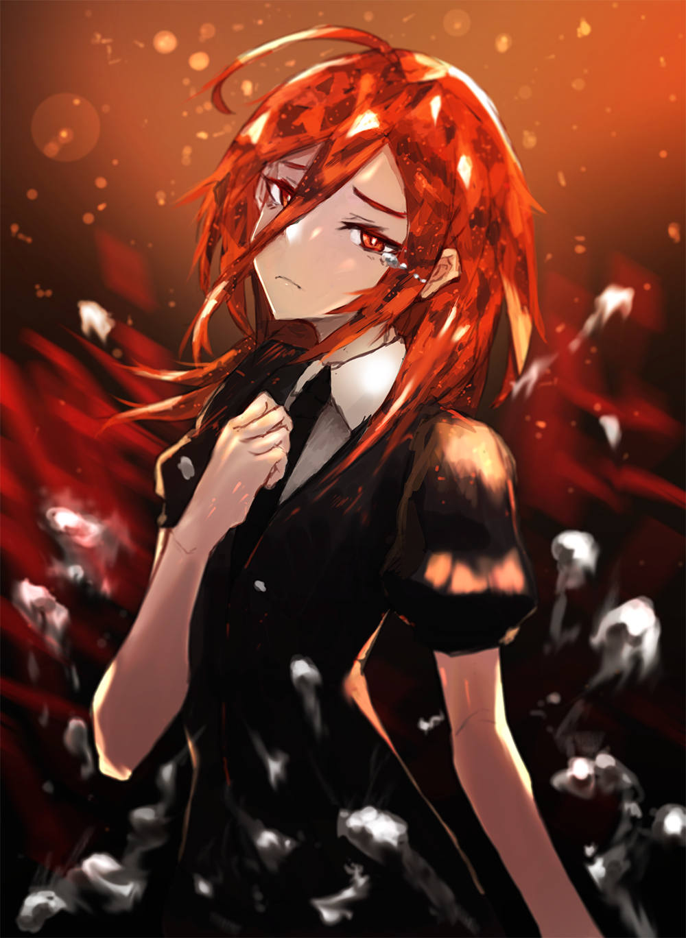 1other androgynous aruto2498 bangs black_neckwear collared_shirt crystal_hair gem_uniform_(houseki_no_kuni) hair_between_eyes hand_on_own_chest highres houseki_no_kuni long_bangs mercury_(element) necktie puffy_short_sleeves puffy_sleeves red_eyes redhead shinsha_(houseki_no_kuni) shirt short_hair short_sleeves solo upper_body white_shirt