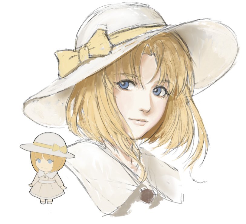 1girl bangs blonde_hair blue_eyes bow chibi dress flower_girl_(macross_7) hat hat_bow looking_at_viewer looking_to_the_side macross macross_7 nekkikamille parted_bangs portrait short_hair sketch smile solo_focus sun_hat white_dress white_headwear yellow_bow