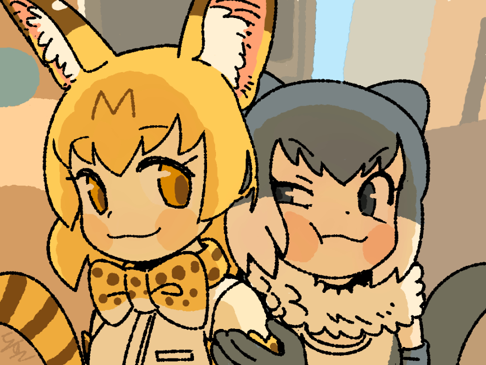 2girls :3 :t animal_ear_fluff animal_ears animal_print ap_dul backlighting bangs bare_shoulders blonde_hair blush_stickers bow bowtie breast_pocket close-up closed_mouth commentary commentary_request dot_nose elbow_gloves eye_contact eyebrows_visible_through_hair from_side fur_collar gloves grey_eyes grey_gloves grey_hair half-closed_eye hand_up kemono_friends light_brown_eyes looking_at_another looking_to_the_side multicolored_hair multiple_girls otter_ears otter_tail outdoors photo-referenced pocket portrait print_bow print_neckwear serval_(kemono_friends) serval_ears serval_print serval_tail shirt short_hair signature sleeveless sleeveless_shirt small-clawed_otter_(kemono_friends) striped_tail tail tareme two-tone_hair v-shaped_eyebrows white_hair white_shirt