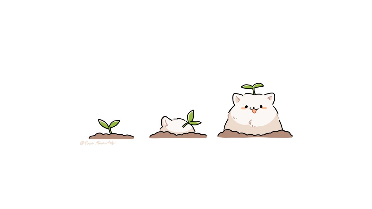 :3 animal animal_focus artist_name black_eyes blush_stickers buried dirt dog fluffy fuwa_fuwa_dog looking_at_viewer no_humans open_mouth original plant plant_on_head simple_background solid_circle_eyes twitter_username white_background