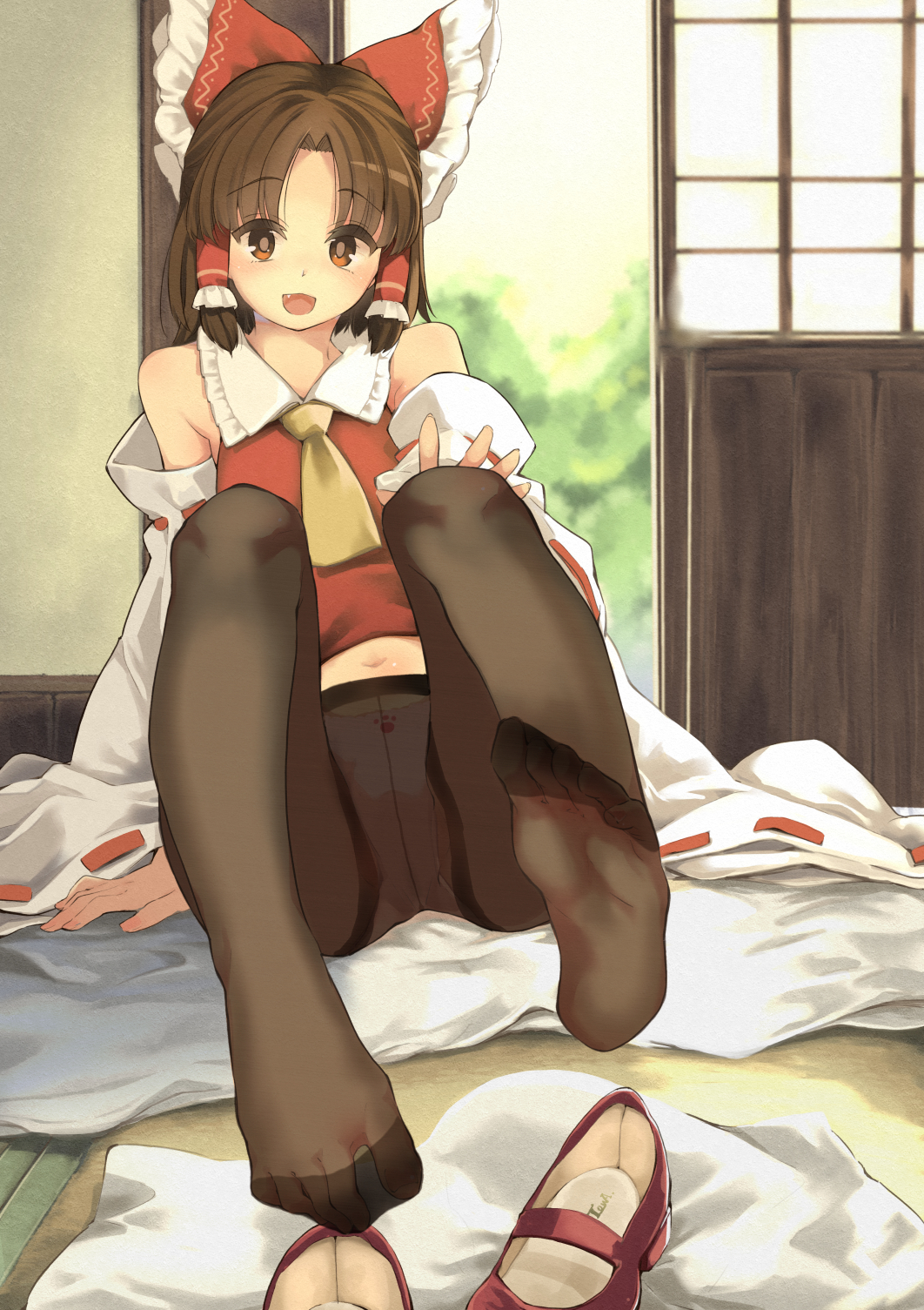 1girl :d ascot bangs bare_shoulders benikurage_(cookie) black_legwear bow bright_pupils brown_eyes brown_hair commentary_request cookie_(touhou) day detached_sleeves eyebrows_visible_through_hair feet full_body hair_bow hair_tubes hakurei_reimu highres indoors knees_up leggings legs_up looking_at_viewer mary_janes meji_aniki navel open_mouth panties parted_bangs paw_print pink_panties red_bow red_footwear red_vest ribbon ribbon-trimmed_sleeves ribbon_trim shoes shoes_removed short_hair sidelocks sitting sliding_doors smile soles solo touhou underwear vest yellow_neckwear