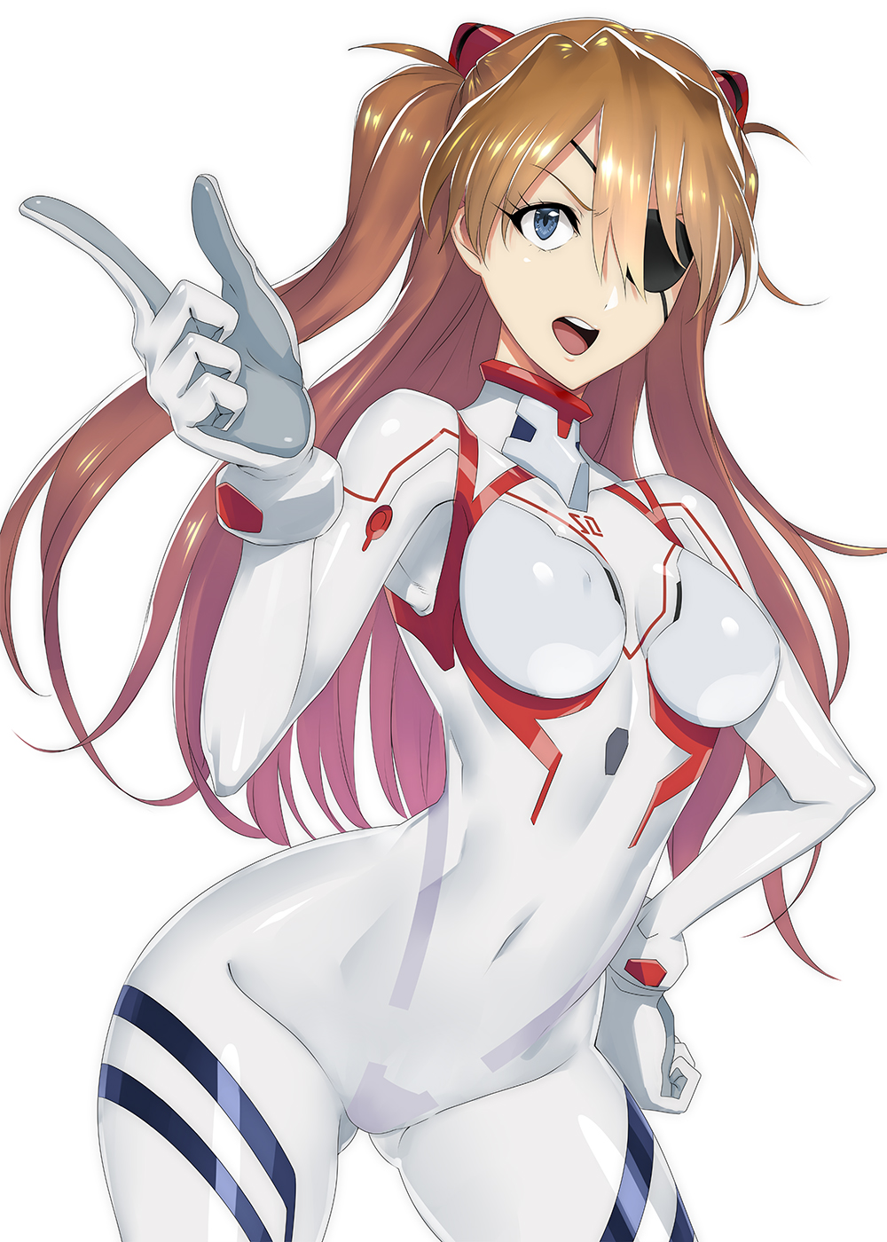 1girl blue_eyes bodysuit breasts covered_navel evangelion:_3.0+1.0_thrice_upon_a_time evangelion:_3.0_you_can_(not)_redo eyepatch highres impossible_clothes ippo long_hair looking_at_viewer medium_breasts neon_genesis_evangelion open_mouth orange_hair pilot_suit rebuild_of_evangelion shikinami_asuka_langley shiny shiny_hair shiny_skin skin_tight solo souryuu_asuka_langley standing white_bodysuit