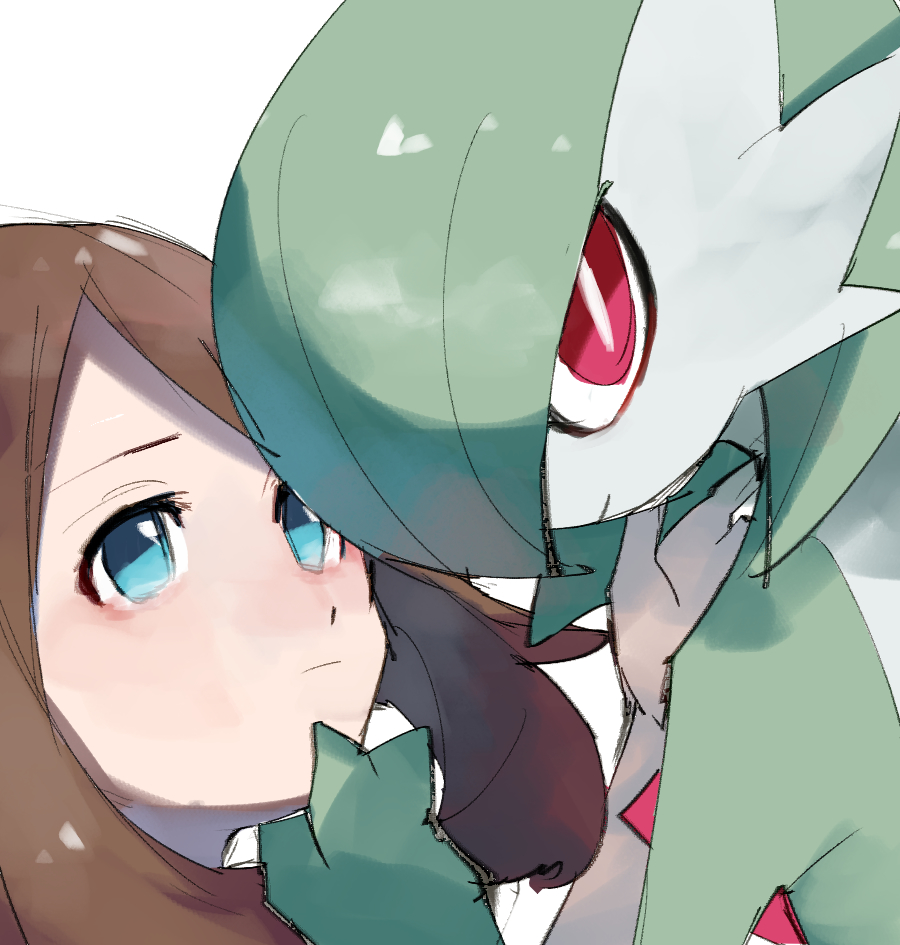 2girls bangs blue_eyes bob_cut brown_hair chikichi closed_mouth colored_skin commentary_request face gardevoir gen_3_pokemon green_hair green_skin hair_over_one_eye hand_on_another's_chin hand_up light_blush looking_at_another looking_to_the_side looking_up may_(pokemon) medium_hair multicolored multicolored_skin multiple_girls pokemon pokemon_(creature) pokemon_(game) pokemon_rse short_hair sidelocks simple_background sketch two-tone_skin upper_body white_background white_skin yuri