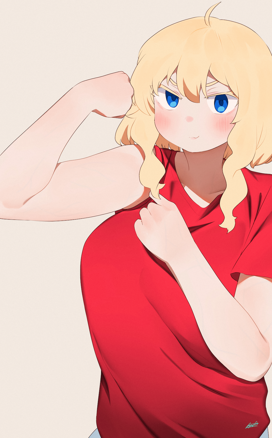 1girl ahoge blue_eyes blush breasts closed_mouth flexing grey_background hand_up highres large_breasts looking_at_viewer medium_hair original pose red_shirt ryusei_hashida shirt short_sleeves sidelocks signature simple_background smile solo
