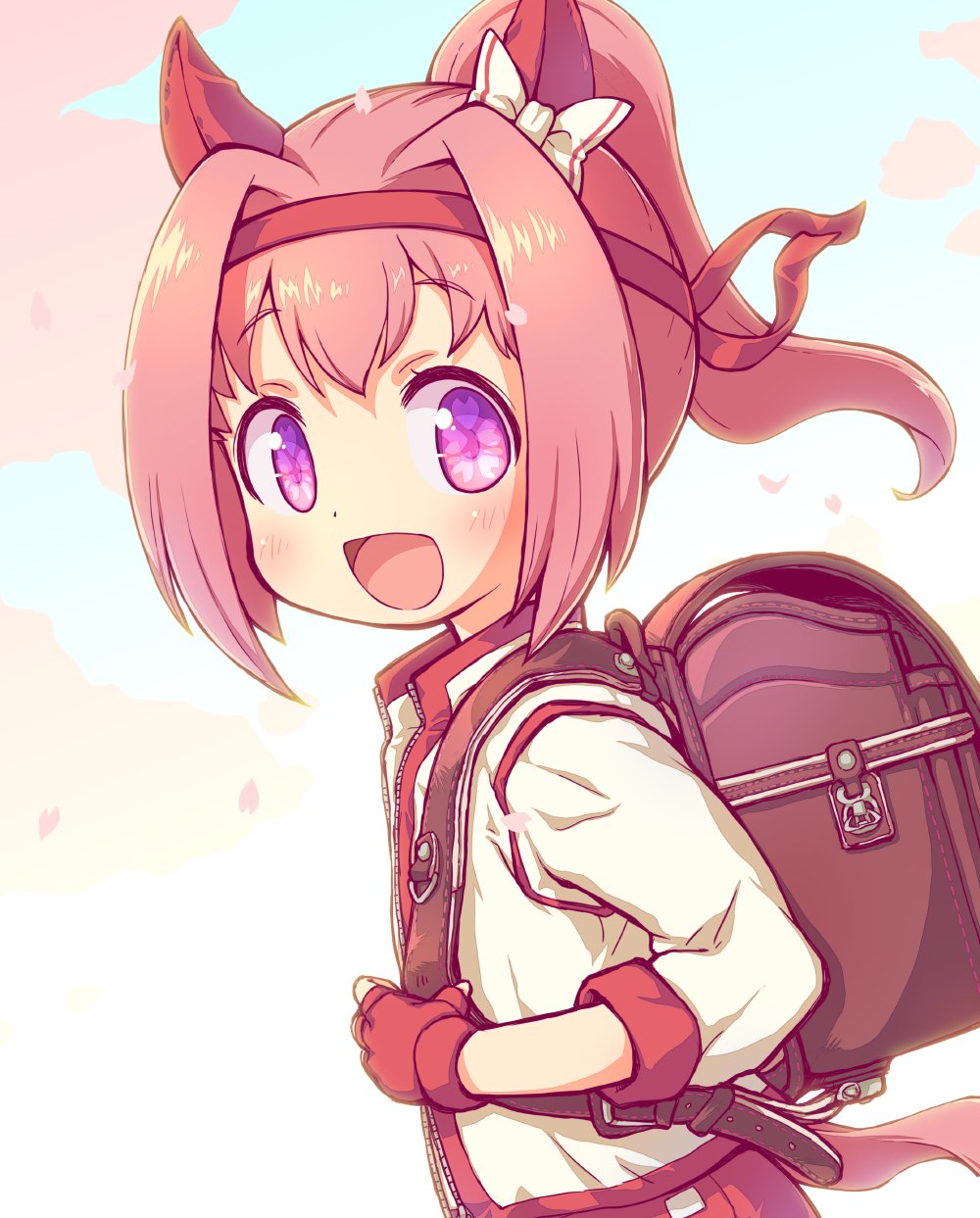 1girl :d animal_ears backpack bag bangs blush bow buruma commentary_request ear_bow eyebrows_visible_through_hair fingerless_gloves gloves haru_urara_(umamusume) headband high_ponytail highres horse_ears horse_girl horse_tail jacket long_sleeves looking_at_viewer looking_to_the_side open_clothes open_jacket open_mouth petals pink_hair ponytail randoseru red_buruma red_gloves red_headband sakurabe_notos sidelocks smile solo tail umamusume violet_eyes white_bow white_jacket