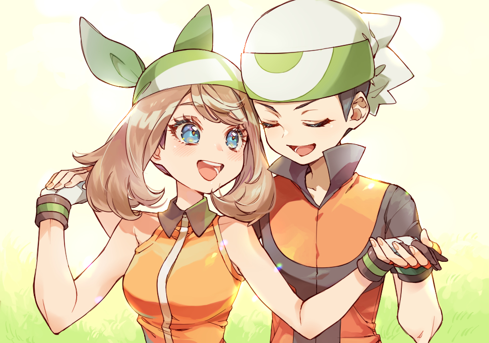 1boy 1girl :d bangs beanie black_hair blue_eyes blush brendan_(pokemon) brown_hair closed_eyes commentary_request eyelashes gloves green_bandana hat holding_hands may_(pokemon) open_mouth pokemon pokemon_(game) pokemon_emerald pokemon_rse popped_collar sasairebun sleeveless smile teeth tongue white_headwear