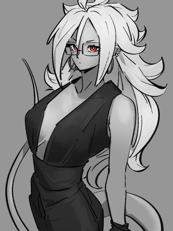 1girl alternate_costume android_21 black_dress breasts center_opening closed_mouth dragon_ball dragon_ball_fighterz dress earrings grey_background greyscale hair_between_eyes hoop_earrings jewelry kemachiku long_hair looking_at_viewer majin_android_21 medium_breasts monochrome red_eyes simple_background solo tail