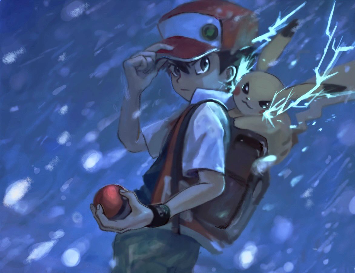 1boy backpack badge bag baseball_cap black_hair black_shirt black_wristband brown_bag closed_mouth electricity from_side gen_1_pokemon green_pants grey_eyes hair_between_eyes hand_on_headwear hat holding holding_poke_ball jacket koara_01 looking_at_viewer looking_to_the_side male_focus pants pikachu poke_ball pokemon pokemon_(creature) pokemon_(game) pokemon_on_back pokemon_rgby red_(pokemon) shirt short_sleeves snowing symbol_commentary wristband