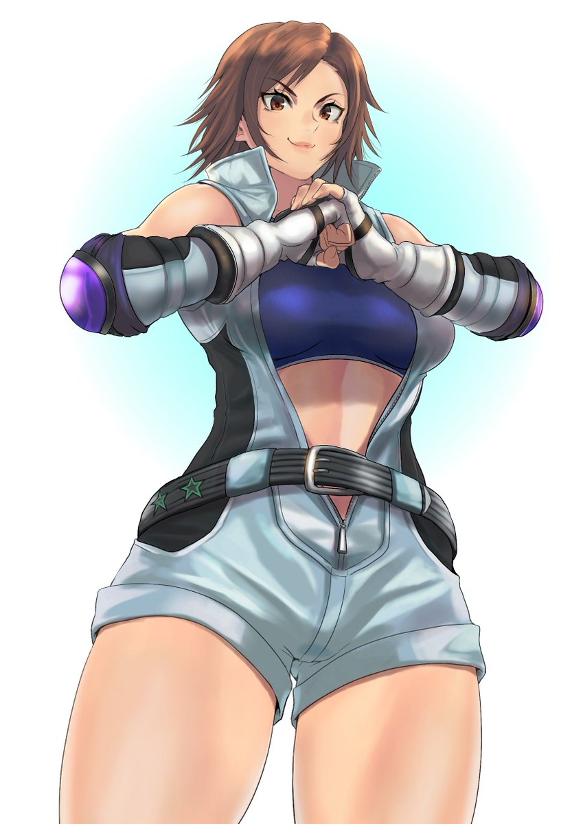 1girl anagumasan belt blue_tank_top breasts brown_eyes brown_hair commission cracking_knuckles cropped_legs determined elbow_pads eyebrows eyebrows_visible_through_hair fingerless_gloves gloves highres jacket kazama_asuka large_breasts lips sleeveless sleeveless_jacket smile tank_top tekken thighs tomboy zipper