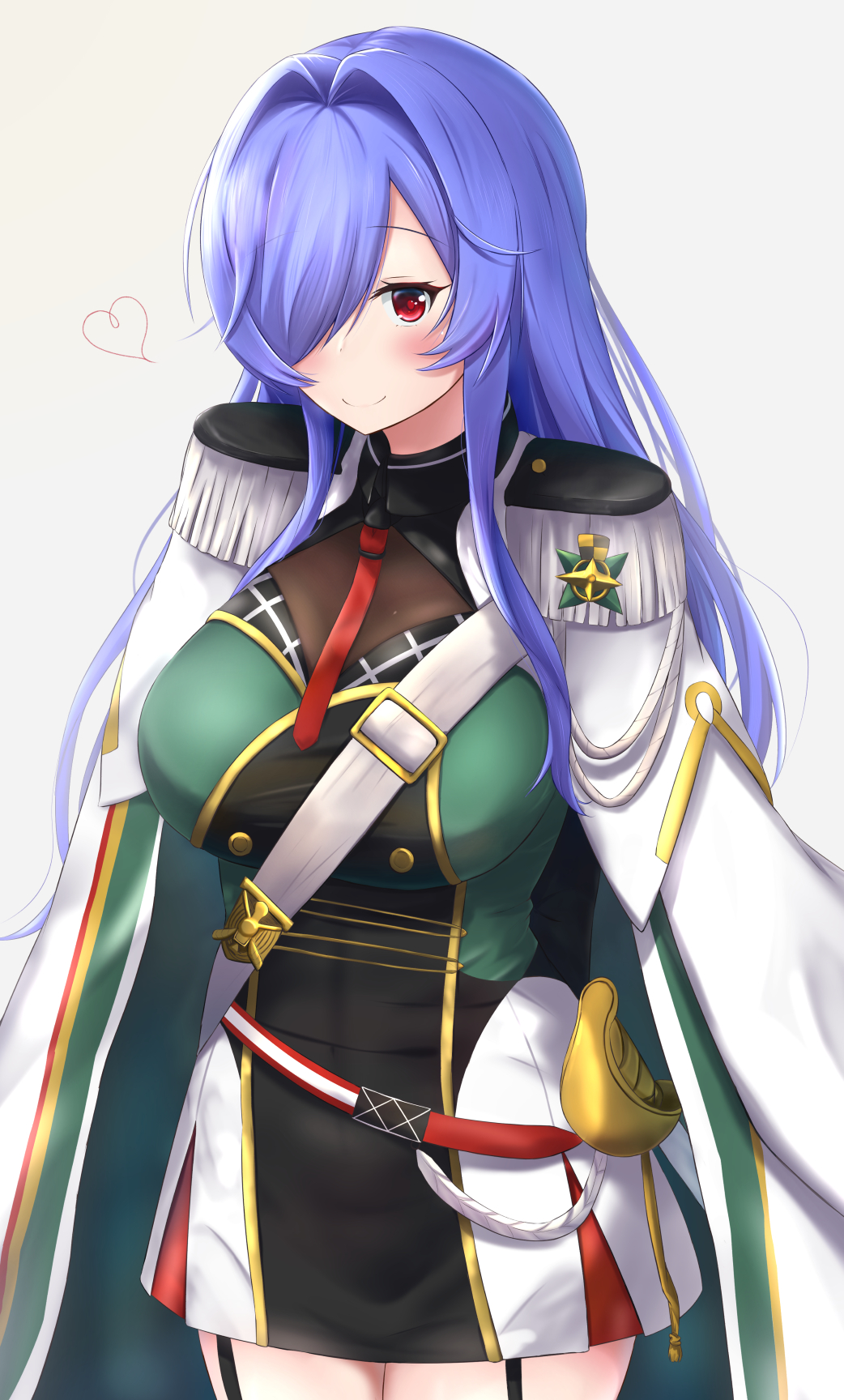 1girl alternate_uniform amano_kusatsu arms_behind_back azur_lane blue_hair blush breasts cloak closed_mouth eyebrows_visible_through_hair feet_out_of_frame hair_over_eyes heart heart_print highres large_breasts long_hair looking_at_viewer necktie red_eyes red_neckwear smile solo standing trento_(azur_lane) uniform white_background white_cloak