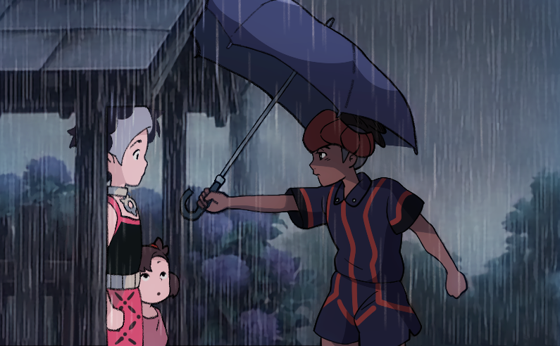 1girl 2boys bare_arms belt black_hair brother_and_sister brown_hair clenched_hand collared_shirt commentary_request dark_skin dark_skinned_male dress grey_hair hair_ribbon holding holding_umbrella korean_commentary looking_at_another marnie_(pokemon) multicolored_hair multiple_boys orange_headwear outdoors parody piers_(pokemon) pokemon pokemon_(game) pokemon_swsh raihan_(pokemon) rain ribbon shirt short_hair short_sleeves shorts siblings standing tonari_no_totoro two-tone_hair umbrella undercut younger zigzagdb