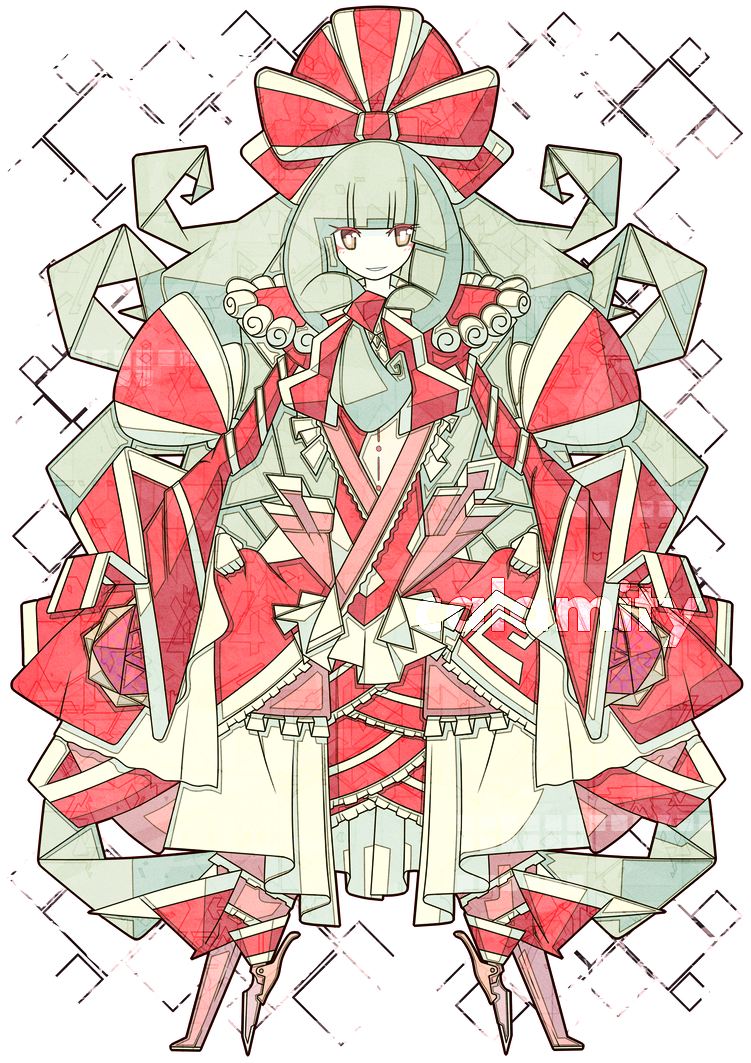 1girl abstract abstract_background arm_ribbon arms_up bangs bow capelet cubism dress frilled_ribbon frills front_ponytail full_body green_eyes green_hair hair_bow hair_ribbon headdress index_finger_raised kagiyama_hina long_hair looking_to_the_side open_mouth red_dress ribbon smile solo standing touhou very_long_hair white_background