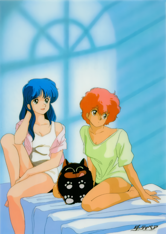 1980s_(style) 2girls barefoot blue_eyes blue_hair dirty_pair hand_to_head kei_(dirty_pair) knee_up logo long_hair mughi multiple_girls non-web_source off_shoulder official_art on_bed open_mouth red_eyes redhead retro_artstyle short_hair short_sleeves sitting wariza yuri_(dirty_pair)