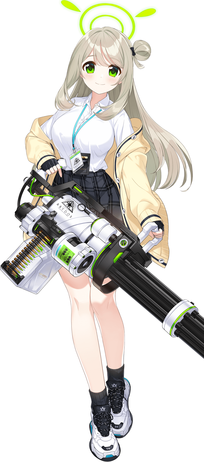 1girl ammunition_belt ammunition_box artist_request blue_archive breasts fingerless_gloves full_body gatling_gun gloves green_eyes grey_hair halo highres id_card jacket large_breasts minigun nonomi_(blue_archive) official_art open_clothes open_jacket school_uniform shoes sneakers socks solo transparent_background weapon_request