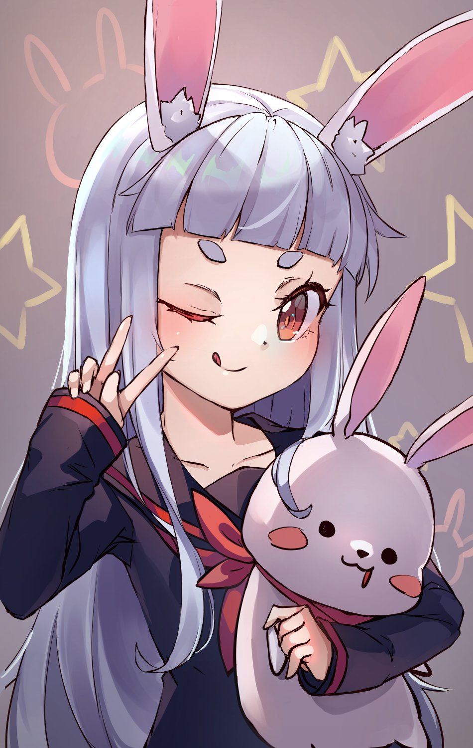 1girl ;q animal_ear_fluff animal_ears black_sailor_collar black_shirt blush brown_eyes closed_mouth collarbone commentary english_commentary grey_background hand_up highres long_hair long_sleeves looking_at_viewer miya_(miyaruta) neckerchief object_hug one_eye_closed original rabbit_ears red_neckwear sailor_collar school_uniform serafuku shirt short_eyebrows silver_hair sleeves_past_wrists smile solo starry_background stuffed_animal stuffed_bunny stuffed_toy thick_eyebrows tongue tongue_out upper_body v very_long_hair