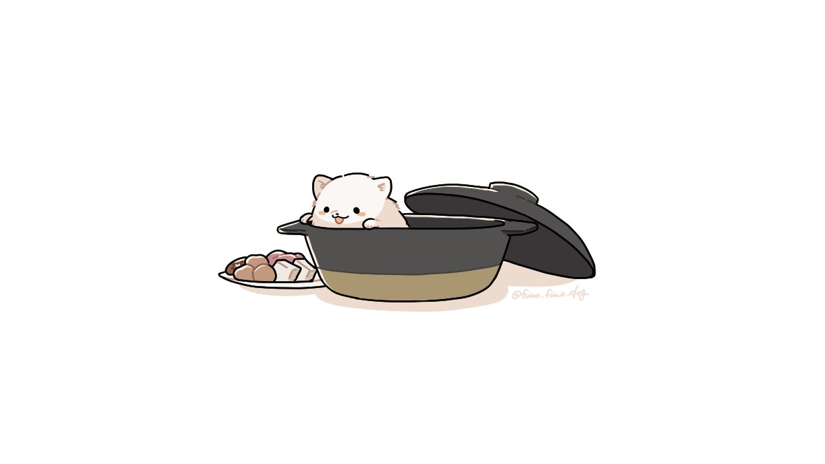 :3 animal animal_focus artist_name black_eyes blush_stickers dog fluffy food fuwa_fuwa_dog in_container in_food in_pot lid nabe no_humans open_mouth original shadow simple_background solid_circle_eyes solo twitter_username white_background