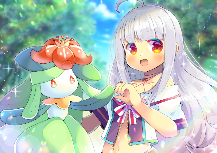 1girl :d ahoge bangs bare_shoulders blurry blurry_background blush bow breasts copyright_request crossover crown day depth_of_field eyebrows_visible_through_hair flower gen_5_pokemon indie_virtual_youtuber kouu_hiyoyo lilligant long_hair looking_at_viewer mini_crown navel off-shoulder_shirt off_shoulder open_mouth outdoors pokemon pokemon_(creature) red_eyes red_flower shirt short_sleeves silver_hair small_breasts smile striped striped_bow tree upper_body very_long_hair virtual_youtuber white_shirt