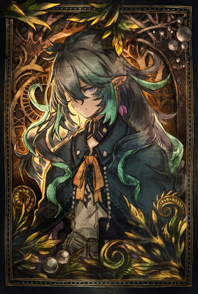 1boy black_cape black_hair bow cape commentary_request crystal_earrings ear_piercing earrings expressionless fairy fern framed green_hair hair_over_one_eye jewelry looking_at_viewer male_focus merc_storia mito_itsuki multicolored_hair piercing plant_request pointy_ears shirt solo streaked_hair upper_body violet_eyes water_drop white_shirt yellow_bow yellow_neckwear zephrodai_(merc_storia)