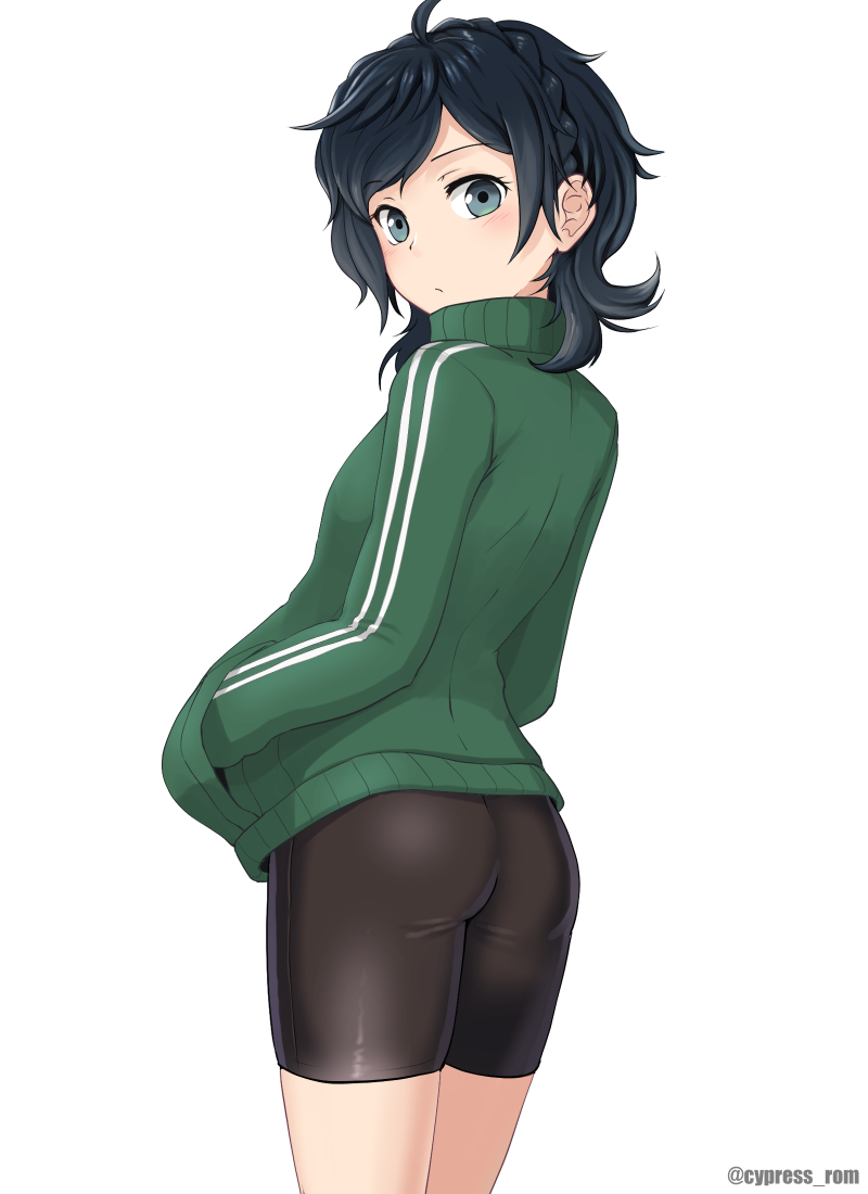 1girl ahoge ass bangs bike_shorts black_hair closed_mouth commentary_request cowboy_shot cypress eyebrows_visible_through_hair from_behind green_eyes green_jacket hands_in_pockets jacket kantai_collection long_sleeves looking_at_viewer matsukaze_(kancolle) parted_bangs short_hair sidelocks simple_background solo standing swept_bangs track_jacket twitter_username wavy_hair white_background