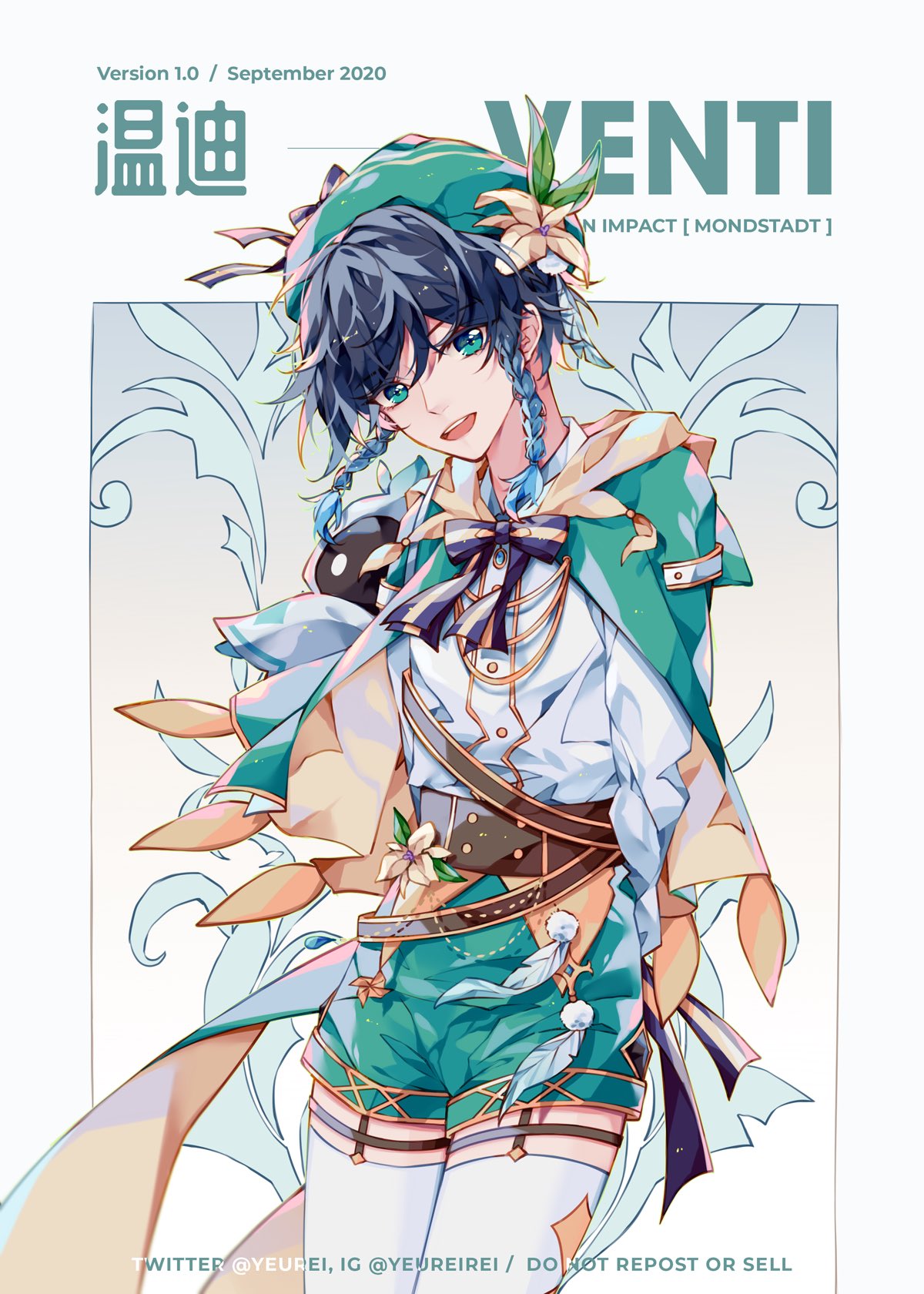 1boy alternate_costume androgynous argyle argyle_legwear arms_behind_back bangs barbatos_(genshin_impact) beret black_hair blue_hair bow braid brooch cape character_name chinese_text collared_cape english_text eyebrows_visible_through_hair feathers flower gem genshin_impact gradient_hair green_eyes green_headwear green_shorts hair_flower hair_ornament hat highres jewelry leaf long_sleeves looking_at_viewer male_focus multicolored_hair open_mouth pinwheel shirt short_hair_with_long_locks shorts smile solo thigh-highs twin_braids venti_(genshin_impact) white_flower white_legwear white_shirt yeurei