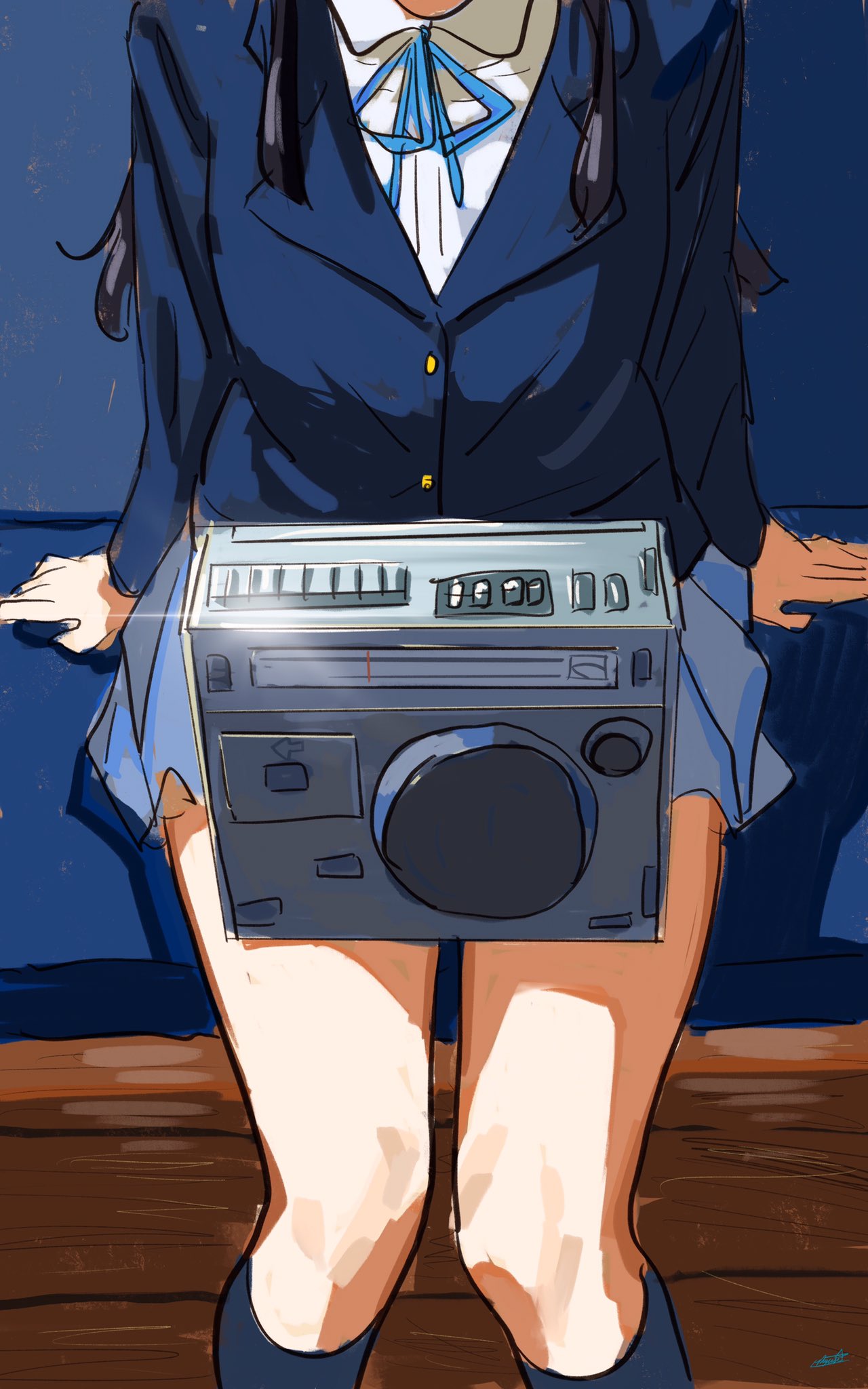 1girl arms_at_sides black_hair blue_jacket blue_legwear blue_neckwear blue_ribbon blue_skirt collared_shirt head_out_of_frame highres jacket long_hair long_sleeves miniskirt neck_ribbon original pleated_skirt radio ribbon ryusei_hashida school_uniform shirt signature sitting skirt socks solo white_shirt wing_collar