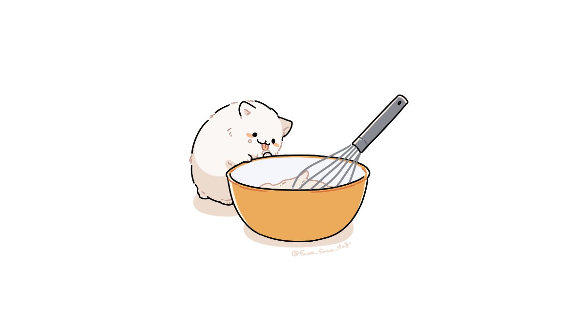 :3 animal animal_focus artist_name black_eyes blush_stickers bowl dog fluffy food food_on_face fuwa_fuwa_dog licking mixing_bowl no_humans original shadow simple_background solid_circle_eyes solo tongue twitter_username whisk white_background