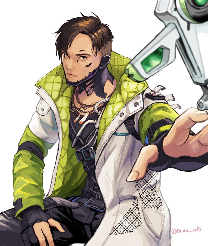 1boy apex_legends asian black_gloves black_pants black_shirt brown_eyes brown_hair crypto_(apex_legends) cyborg drone gloves green_sleeves hack_(apex_legends) hand_on_own_thigh jacket jewelry looking_up male_focus muraicchi_(momocchi) necklace open_hand pants partially_fingerless_gloves science_fiction shirt sitting solo undercut white_jacket