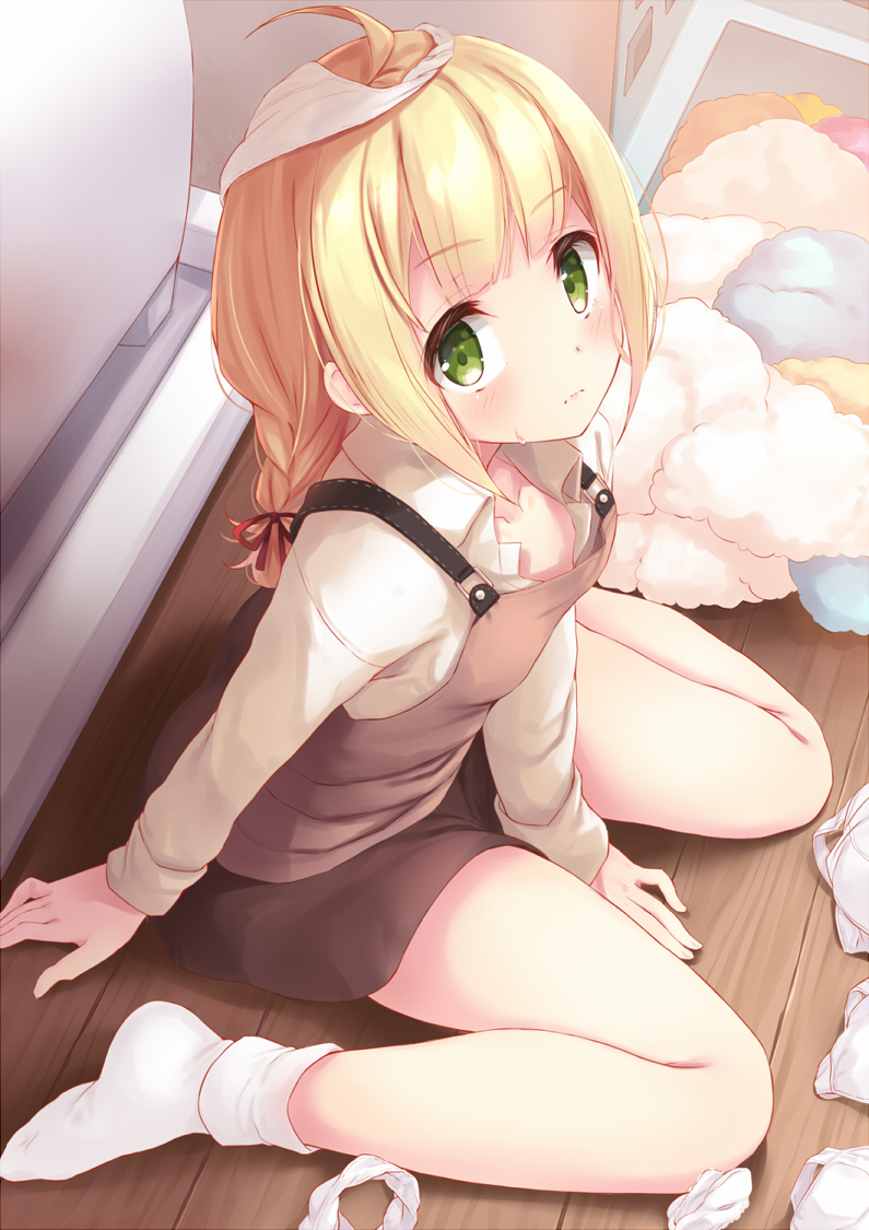 1girl ahoge bangs blonde_hair blunt_bangs blush braid braided_ponytail brown_skirt brown_vest collared_shirt commentary_request eyebrows_visible_through_hair from_above green_eyes hair_ribbon indoors komone_ushio long_sleeves looking_at_viewer looking_up miniskirt no_shoes object_on_head original panties panties_on_head panties_removed red_ribbon ribbon shirt sidelocks sitting skirt sleeves_folded_up socks solo underwear vest wariza white_legwear white_shirt wooden_floor