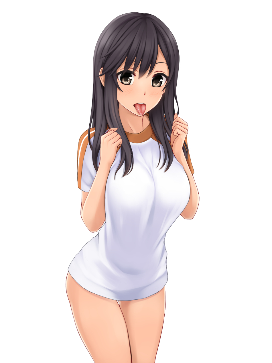 bangs black_hair breasts brown_eyes commentary_request eyebrows_visible_through_hair gym_shirt gym_uniform hair_between_eyes hands_up highres ichijou_hotaru long_hair looking_at_viewer medium_breasts no_pants non_non_biyori nonaka_ritsu shirt short_sleeves simple_background standing tongue tongue_out white_background white_shirt