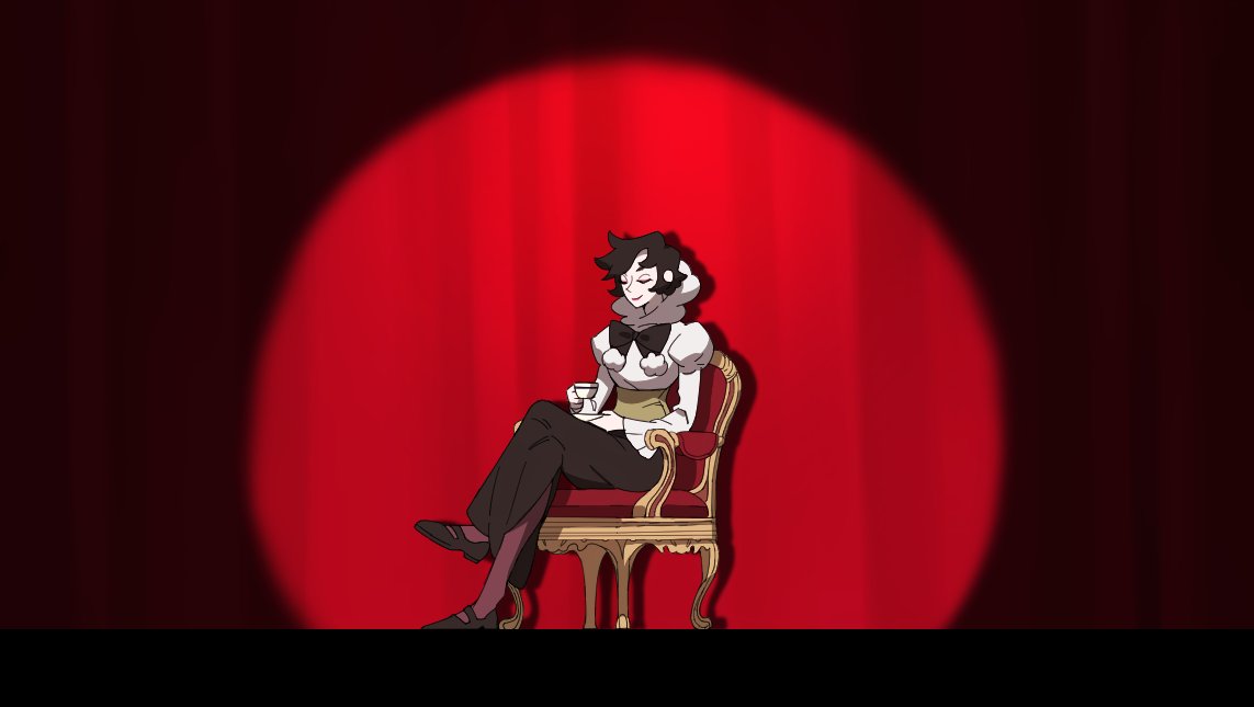 1girl black_hair bow bowtie chair closed_eyes closed_mouth commentary crossed_legs cup holding holding_cup holding_saucer kekkai_sensen long_sleeves opal_(pokemon) pantyhose parody pokemon pokemon_(game) pokemon_swsh saucer shoes short_hair sitting smile stage stage_curtains sugar_song_and_bitter_step teacup younger zigzagdb