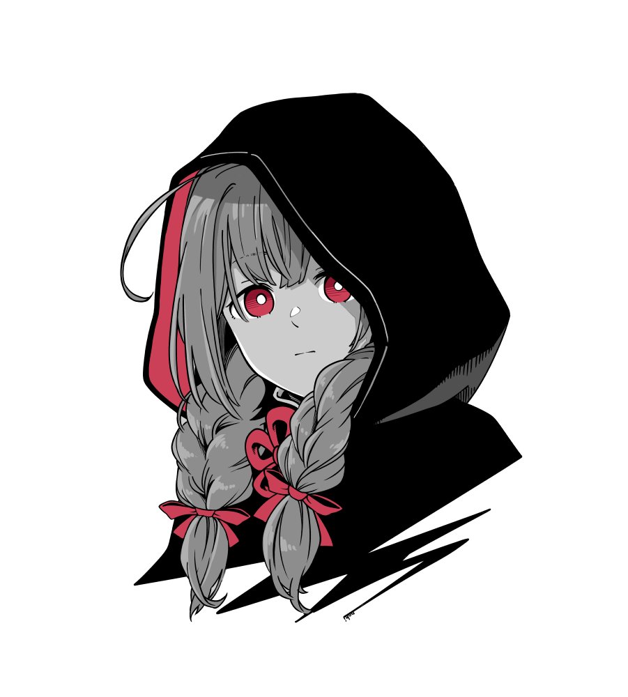 1girl ahoge bangs braid capelet closed_mouth cropped_torso fujinoki_(horonabe-ken) greyscale hair_ribbon hood hood_up hooded_capelet kantai_collection long_hair monochrome red_eyes red_ribbon ribbon shinshuu_maru_(kancolle) signature simple_background solo spot_color twin_braids upper_body
