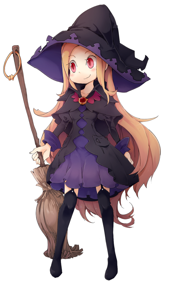 1girl :3 black_headwear black_legwear blush broom closed_mouth dress full_body garter_straps hat holding holding_broom juliet_sleeves long_hair long_sleeves looking_to_the_side ls-lrtha orange_hair original puffy_sleeves red_eyes simple_background smile solo thigh-highs very_long_hair white_background witch witch_hat
