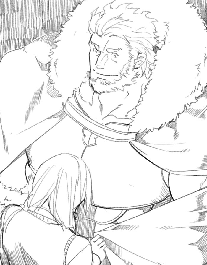 2boys beard cape cleavage_cutout clothing_cutout face_to_pecs facial_hair fate/zero fate_(series) fur-trimmed_cape fur_trim gomtang greyscale iskandar_(fate) large_pectorals leather male_focus mature_male monochrome multiple_boys muscular muscular_male red_eyes redhead short_hair sidepec smile upper_body waver_velvet