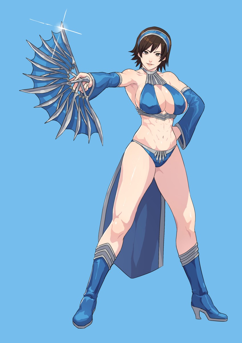 1girl abs absurdres armlet armpits bare_legs blue_legwear boots breasts brown_eyes brown_hair cirenk cleavage commentary commission cosplay duplicate english_commentary fan folding_fan full_body high_heels highres holding holding_weapon kazama_asuka kitana kitana_(cosplay) large_breasts legs midriff midway_(company) mortal_kombat mortal_kombat_9 namco navel photoshop_(medium) short_hair solo standing tekken thigh-highs thighs weapon