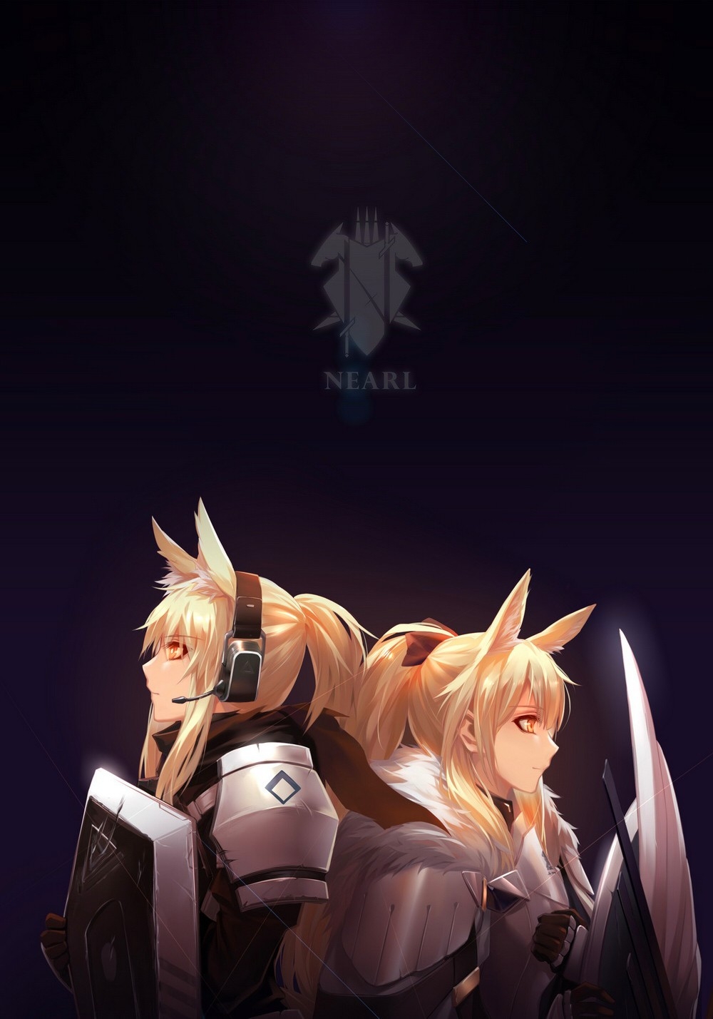 2girls animal_ears arknights armor armored_dress back-to-back blemishine_(arknights) blonde_hair from_side highres horse_ears horse_girl langlang long_hair looking_afar multiple_girls nearl_(arknights) ponytail shield siblings sisters yellow_eyes