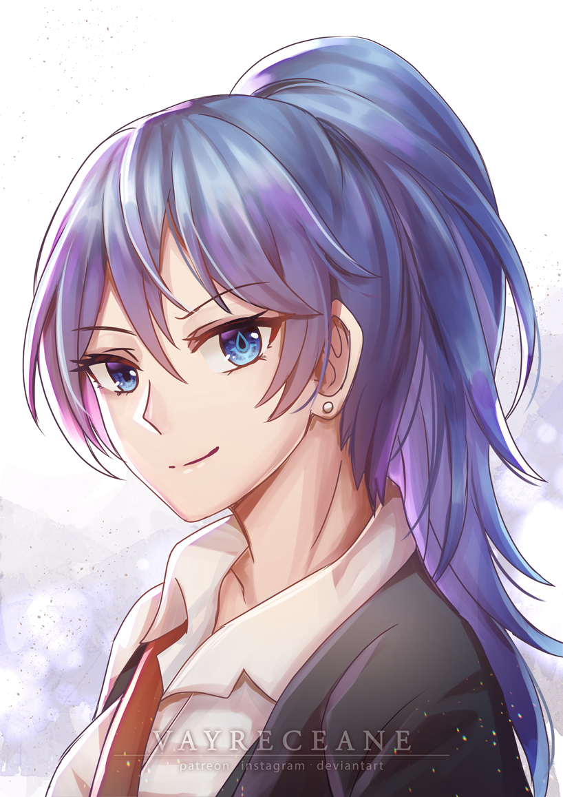 1girl artist_name blue_eyes earrings feliciani_yap fire_emblem formal high_ponytail jewelry looking_at_viewer lucina_(fire_emblem) pearl_earrings purple_hair shirt simple_background strap suit white_shirt