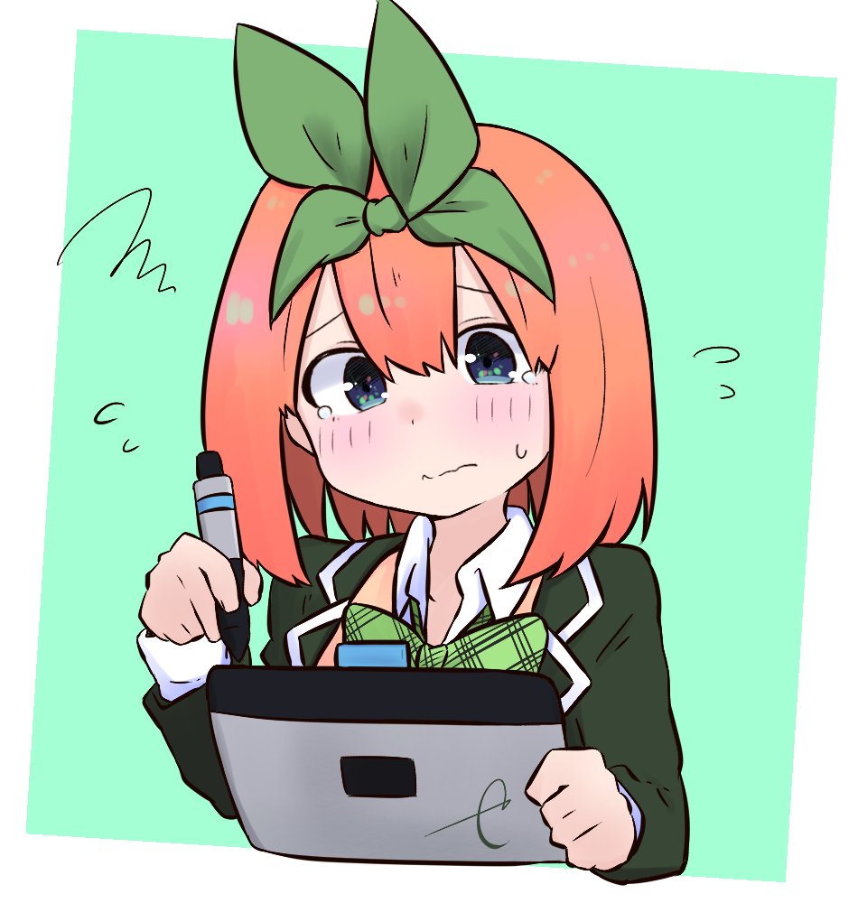 1girl bangs black_jacket blue_eyes blush bow closed_mouth collared_shirt commentary_request cropped_torso drawing_tablet eyebrows_behind_hair eyebrows_visible_through_hair flying_sweatdrops go-toubun_no_hanayome green_background green_bow green_ribbon hair_between_eyes hair_ribbon head_tilt holding holding_stylus jacket kujou_karasuma long_sleeves nakano_yotsuba open_clothes open_jacket orange_hair ribbon shirt signature solo squiggle stylus sweater_vest tears two-tone_background upper_body wavy_mouth white_background white_shirt