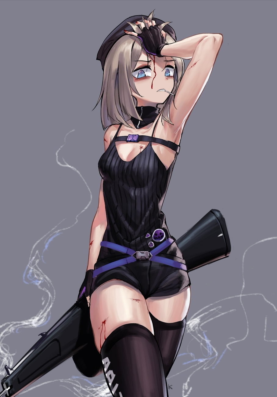 1girl aa-12 aa-12_(girls_frontline) armpits blonde_hair blood blood_on_face blue_eyes breasts chunk-san fingerless_gloves girls_frontline gloves grey_background gun hand_on_forehead hat highres injury open_mouth shorts shotgun skindentation small_breasts smoke solo thigh-highs thighs weapon