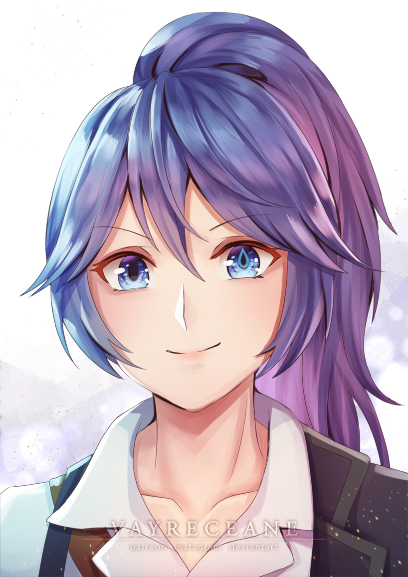 1girl artist_name blue_eyes feliciani_yap fire_emblem formal high_ponytail looking_at_viewer lucina_(fire_emblem) portrait purple_hair shirt simple_background strap suit white_shirt