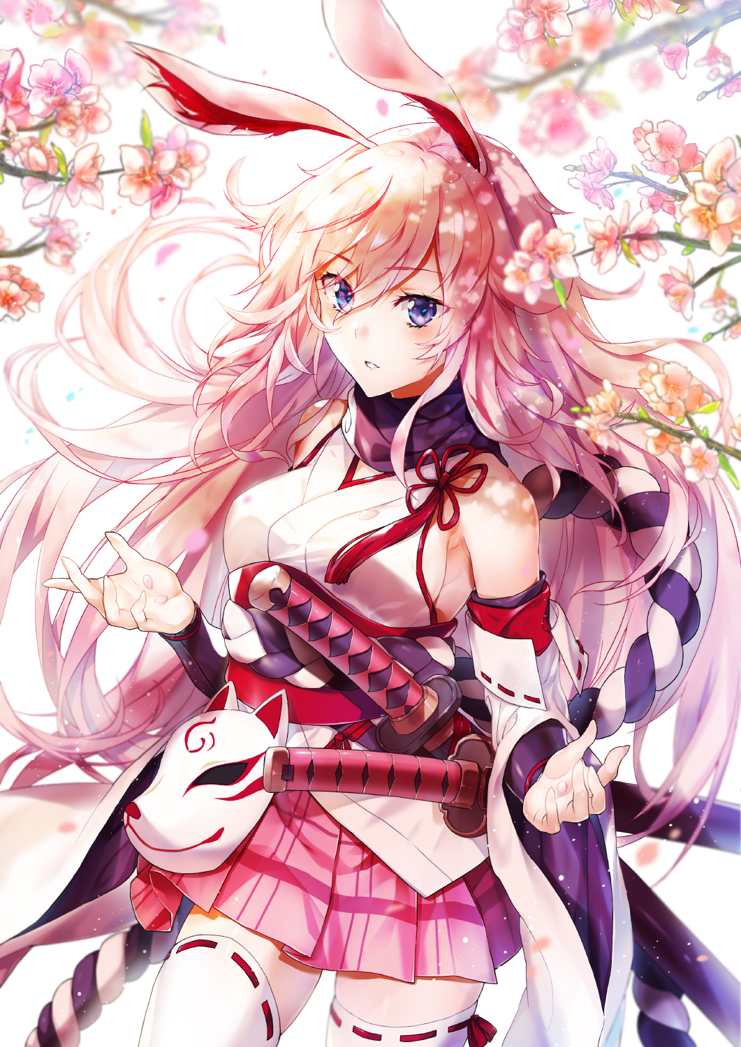 1girl animal_ears bare_shoulders blue_eyes blurry cherry_blossoms commentary_request cowboy_shot dappled_sunlight depth_of_field detached_sleeves eyebrows_visible_through_hair eyes_visible_through_hair flower flower_knot fox_mask hair_between_eyes hand_up highres honkai_(series) honkai_impact_3rd kasumi_komo katana layered_sleeves long_hair mask mask_removed miniskirt nontraditional_miko petals pink_flower pink_hair pink_skirt pleated_skirt purple_scarf ribbon-trimmed_legwear ribbon_trim rope scabbard scarf sheath sheathed shimenawa skirt solo sunlight sword thigh-highs tree_branch weapon white_legwear wide_sleeves yae_sakura yae_sakura_(gyakushinn_miko)