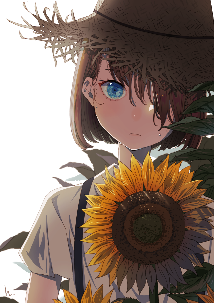 1girl arms_at_sides backlighting blue_eyes brown_hair brown_headwear closed_mouth collared_shirt commentary expressionless eyebrows_visible_through_hair eyelashes flat_chest flower hair_over_one_eye hat head_tilt highres himaro leaf original plant romaji_commentary shirt short_hair short_sleeves simple_background solo straight_hair straw_hat sun_hat sunflower suspenders sweat symbol_commentary tareme upper_body white_background white_shirt yellow_flower