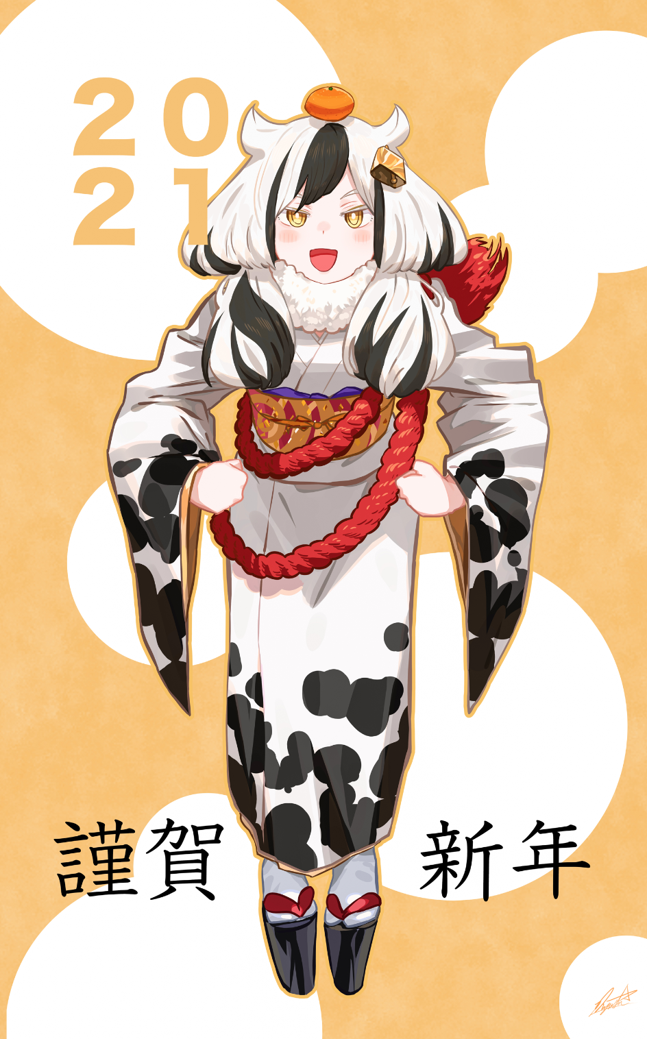 1girl 2021 :d akeome animal_print bell black_hair blush chinese_zodiac clog_sandals cow_girl cow_print cowbell food fruit full_body fur_collar hair_bell hair_horns hair_ornament happy_new_year highres horns japanese_clothes kimono long_sleeves looking_at_viewer low_twintails mandarin_orange multicolored_hair new_year obi open_mouth original print_kimono ryusei_hashida sash signature smile solo streaked_hair tabi twintails two-tone_hair white_hair white_kimono white_legwear wide_sleeves year_of_the_ox yellow_background yellow_eyes