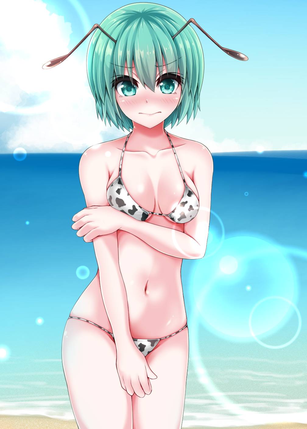 1girl alternate_costume animal_print antennae arm_under_breasts bangs bikini blue_sky blush breasts closed_mouth clouds commentary_request covering covering_crotch cow_print cowboy_shot day eyebrows_visible_through_hair green_eyes green_hair hair_between_eyes highres horizon lens_flare looking_at_viewer medium_breasts muki_(munikichan) navel nose_blush ocean outdoors print_bikini short_hair sky solo swimsuit touhou water wriggle_nightbug