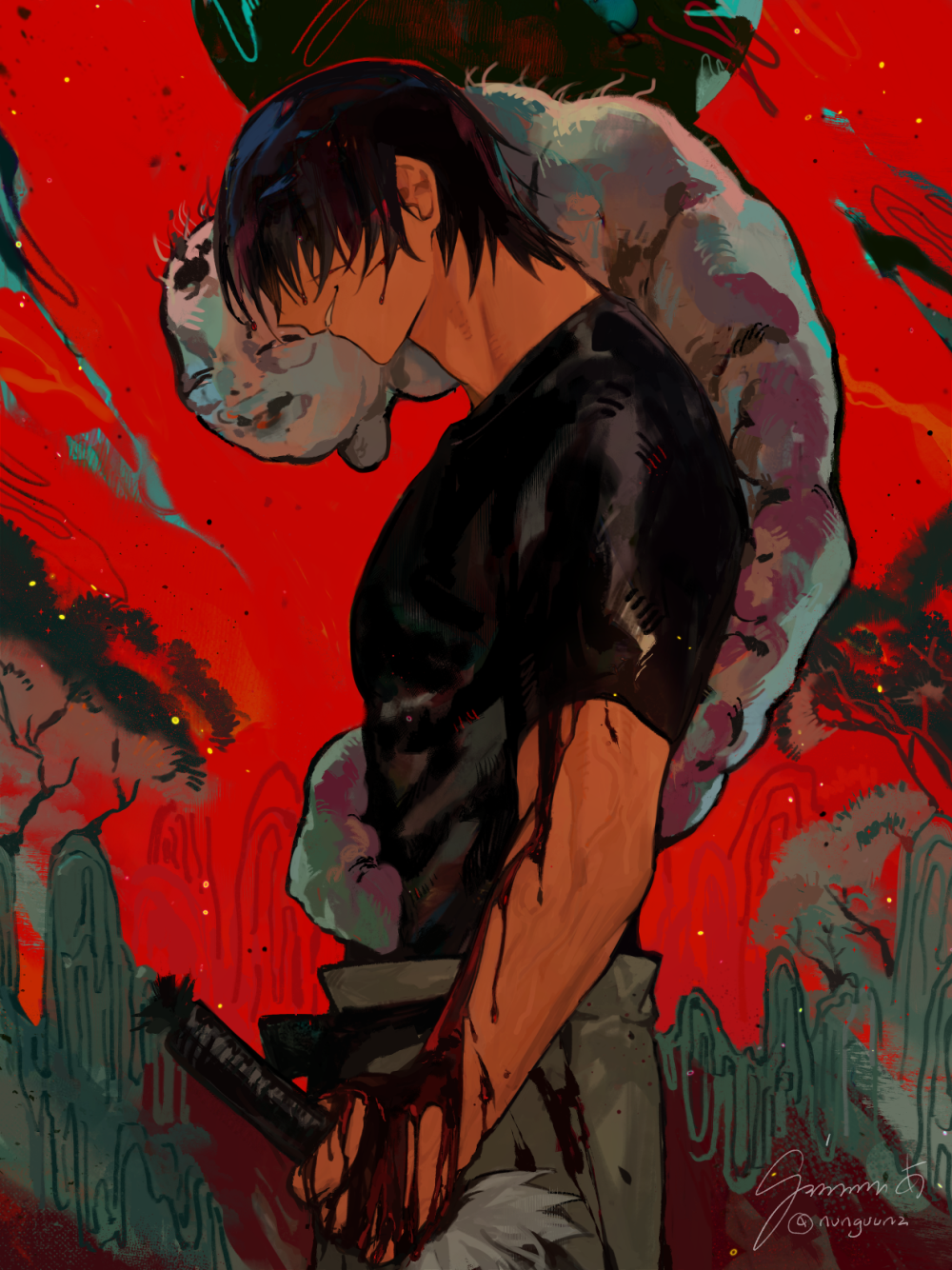 1boy black_hair black_shirt bleeding blood bloody_clothes closed_mouth cowboy_shot dagger fushiguro_touji grimm_a hair_over_eyes highres holding holding_dagger holding_weapon jujutsu_kaisen male_focus monster pants red_background reverse_grip shirt short_hair short_sleeves smile solo standing twitter_username weapon white_pants
